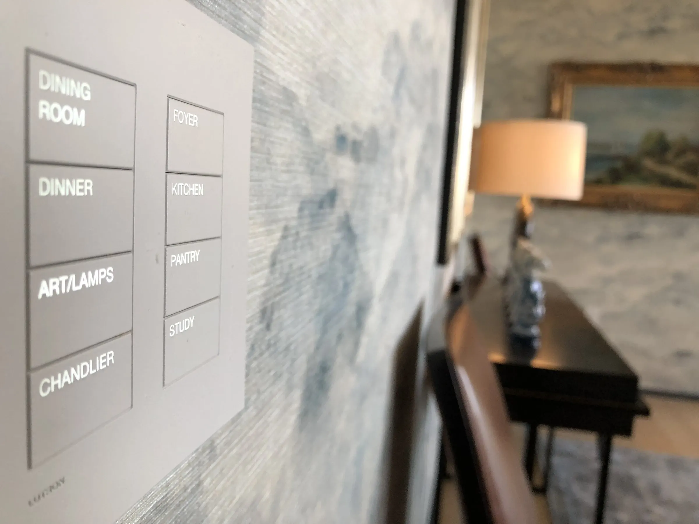 Engraved lighting keypad labeled Dining Room, Dinner, Art Lamps, and Chandelier