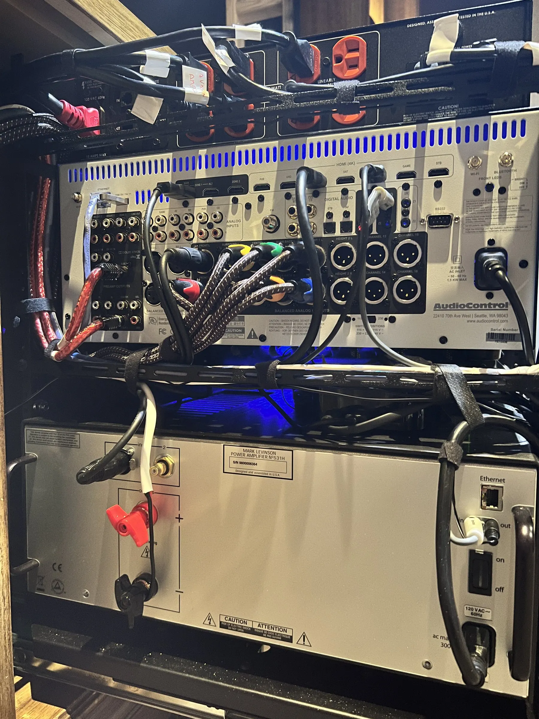 Rear of a theater audio processor with balanced cabling connected